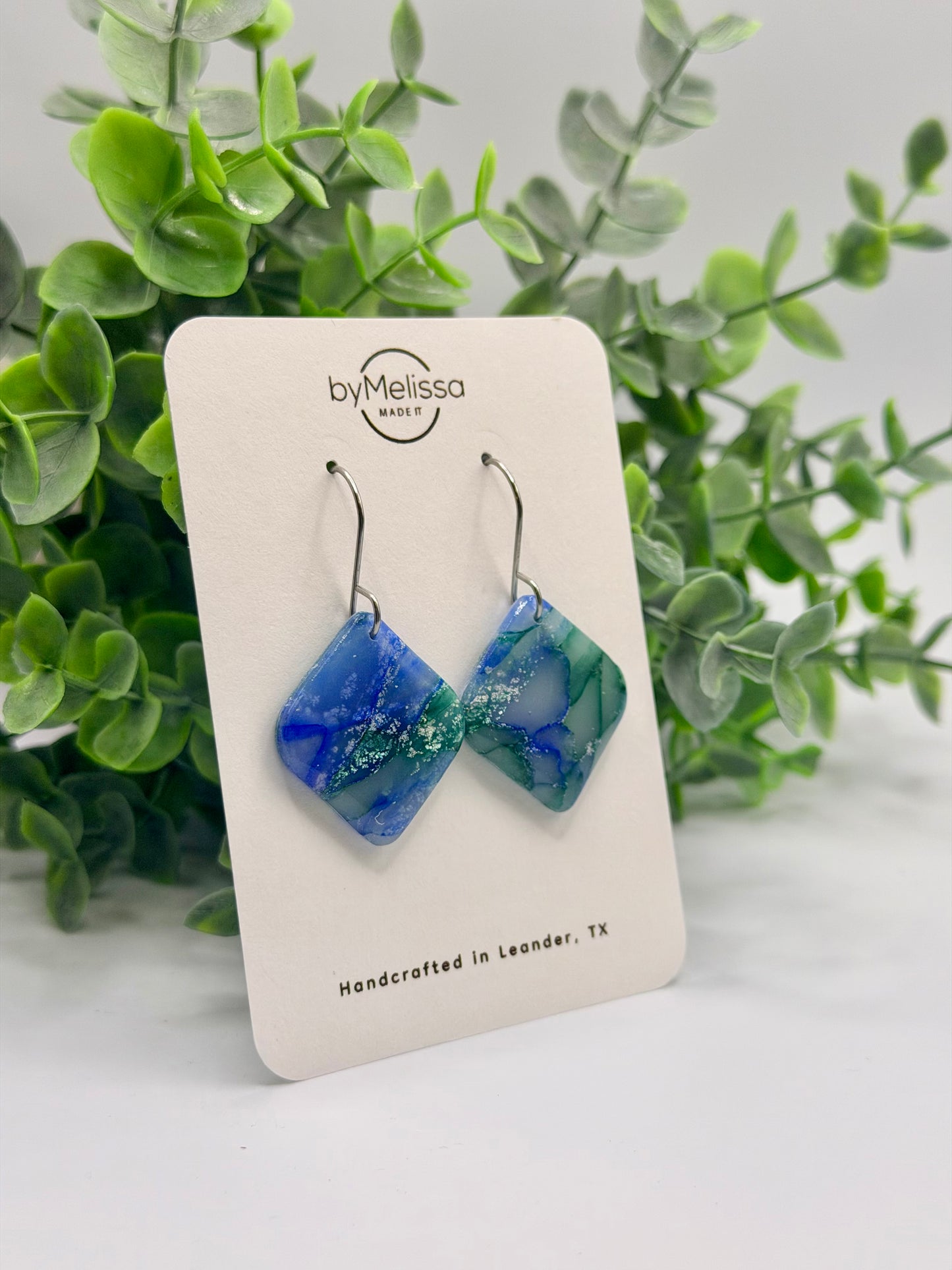 Forest Green and Blue Small Rounded Square Drop Earrings in Silver
