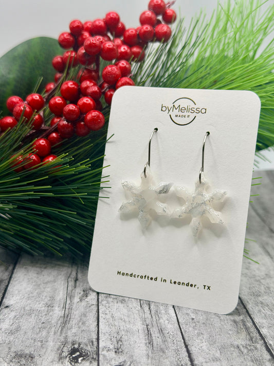 White and Silver Snowflake Drop Earrings