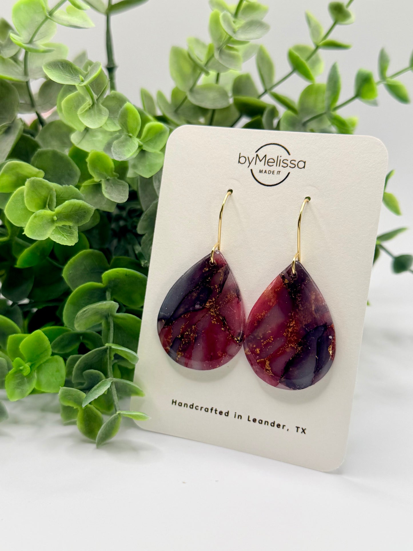 Maroon and Black Small Wide Teardrop Drop Earrings in Gold