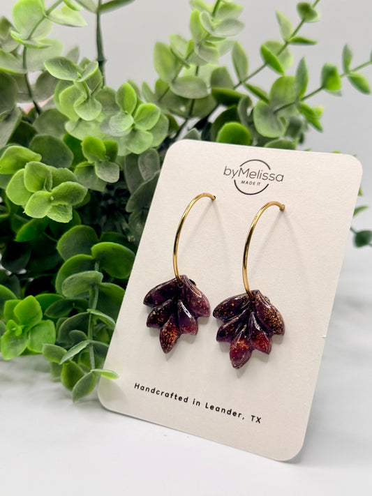 Maroon and Black Small Feather Hoop Earrings in Gold