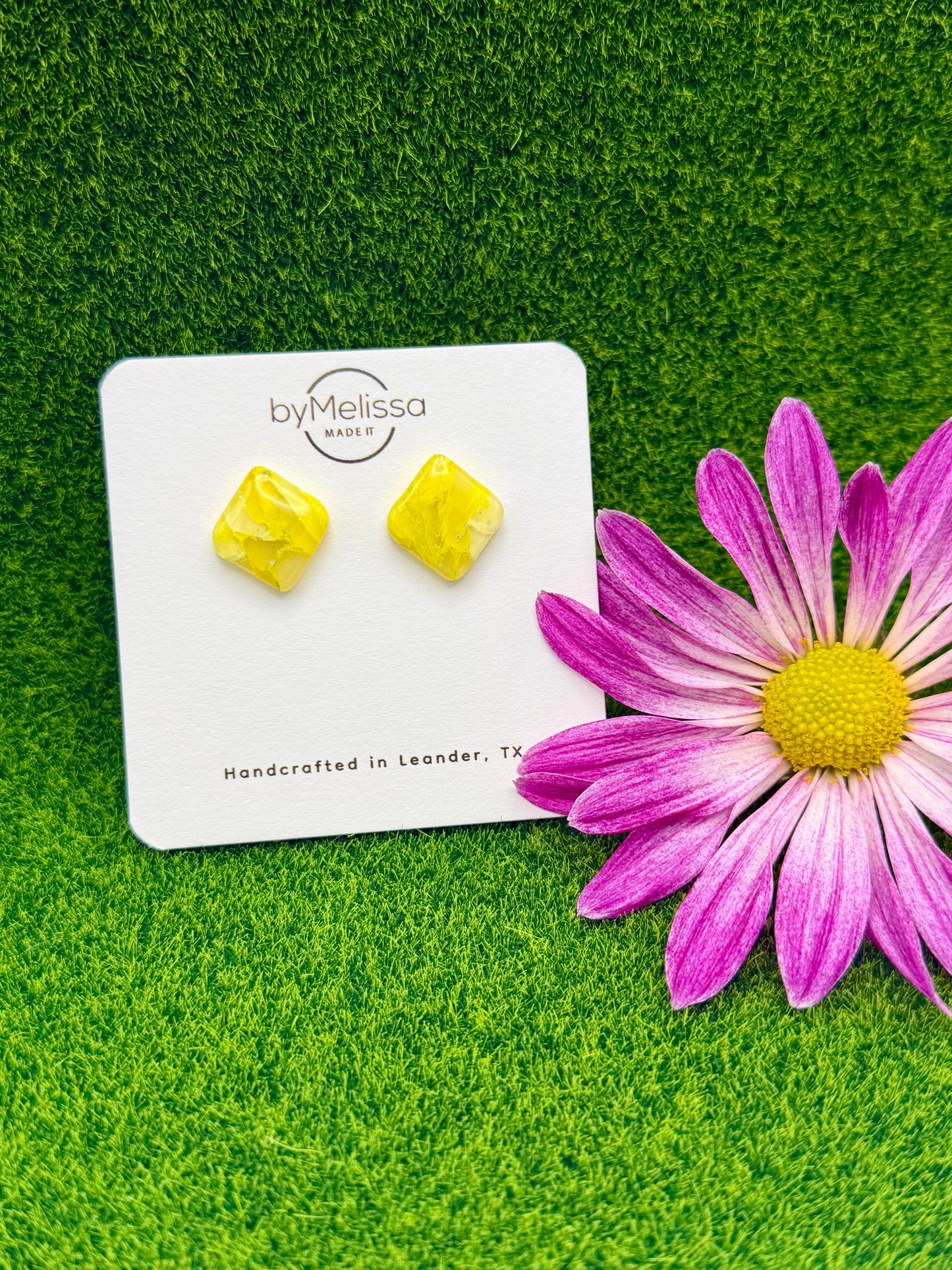 Yellow and White Rounded Square Stud Earrings