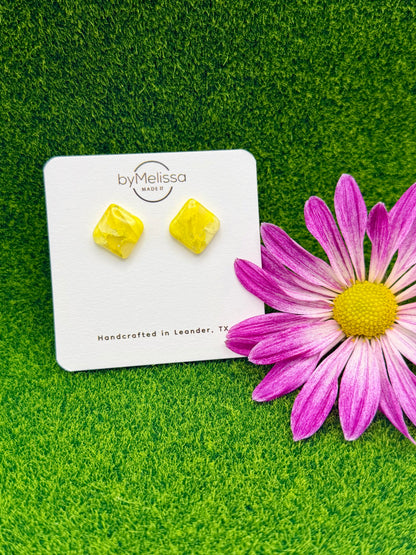 Yellow and White Rounded Square Stud Earrings
