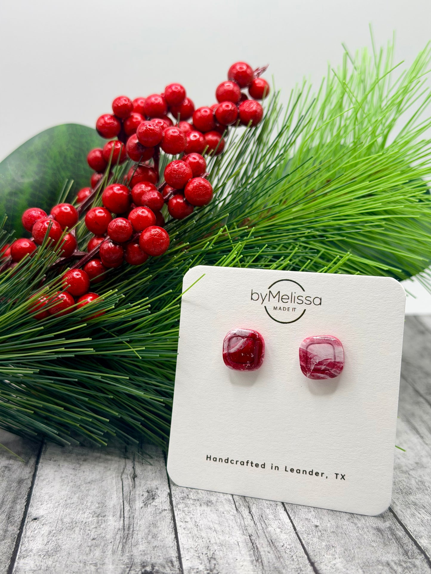Red and White Small Embedded Square Stud Earrings