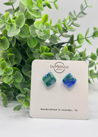 Forest Green and Blue Rounded Square Stud Earrings