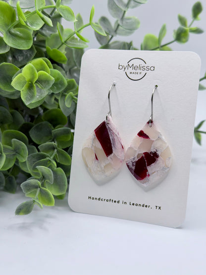 Maroon and White Small Wide Leaf Drop Earrings in Silver