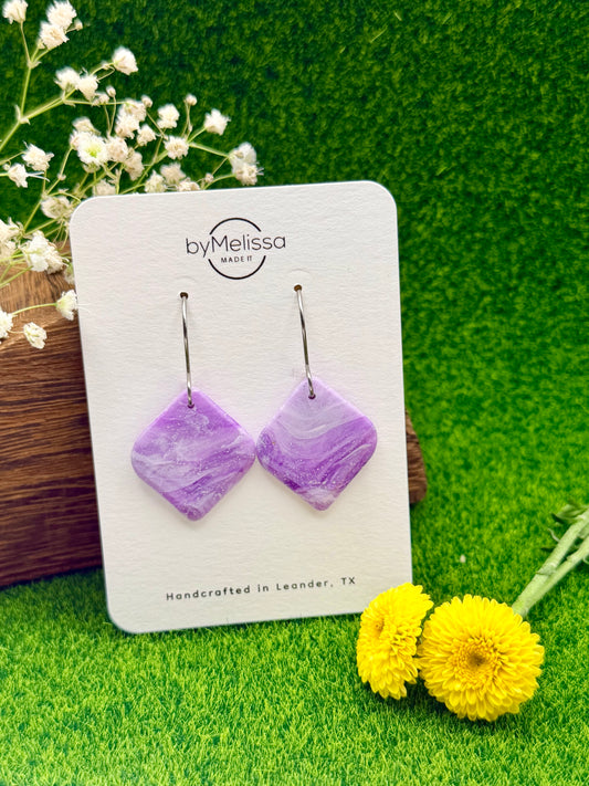 Purple and White Small Rounded Square Drop Earrings in Silver