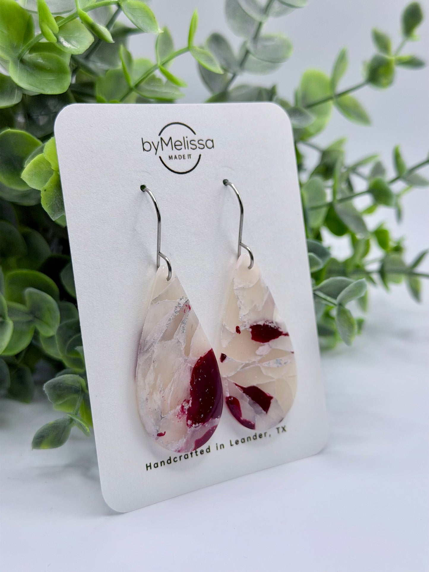 Maroon and White Small Teardrop Drop Earrings in Silver