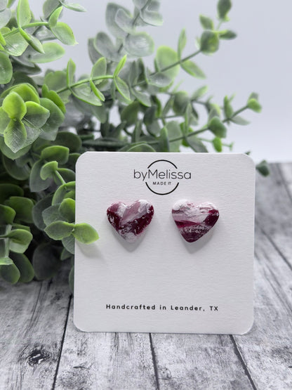 Maroon and White Heart Stud Earrings
