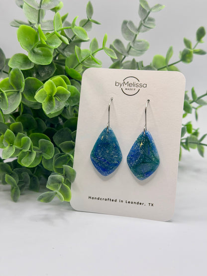 Forest Green and Blue Small Kite Drop Earrings in Silver