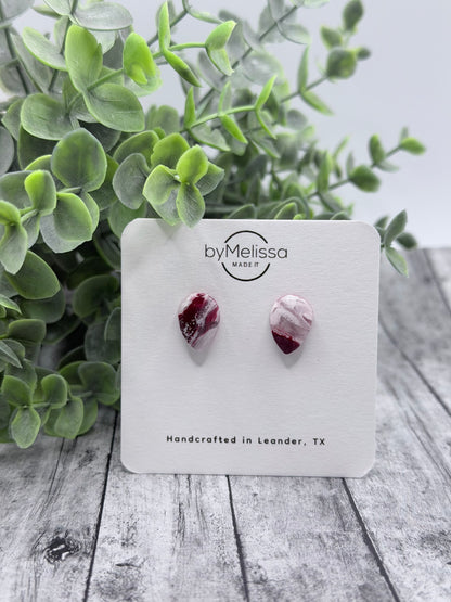 Maroon and White Teardrop Stud Earrings