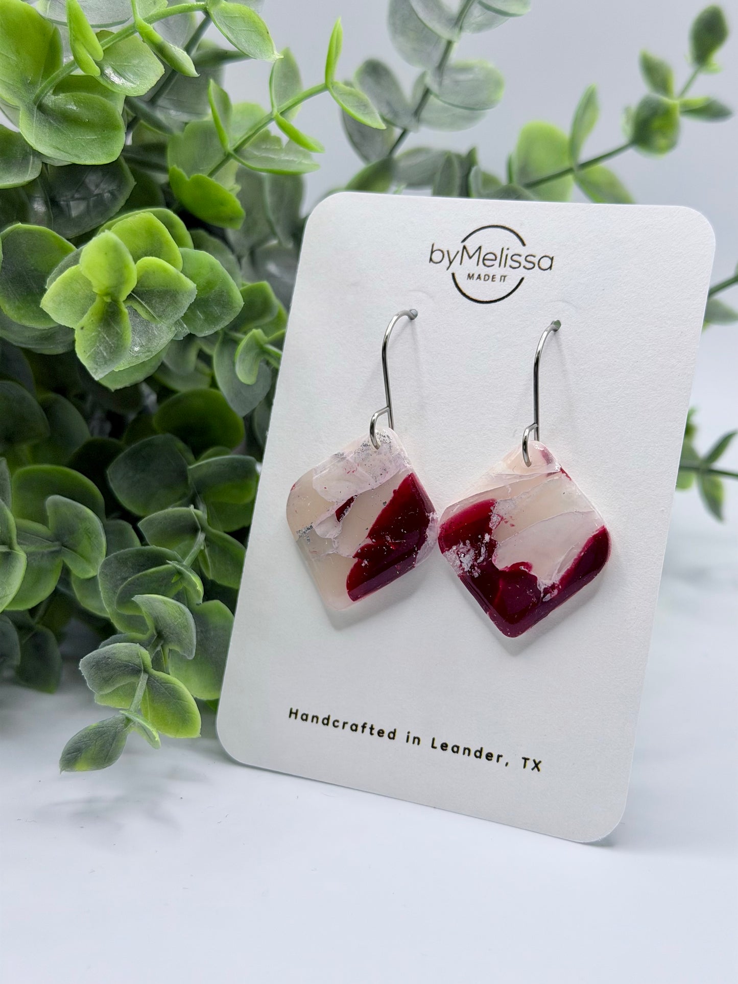 Maroon and White Small Rounded Square Drop Earrings in Silver