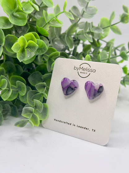 Purple and Black Heart Stud Earrings