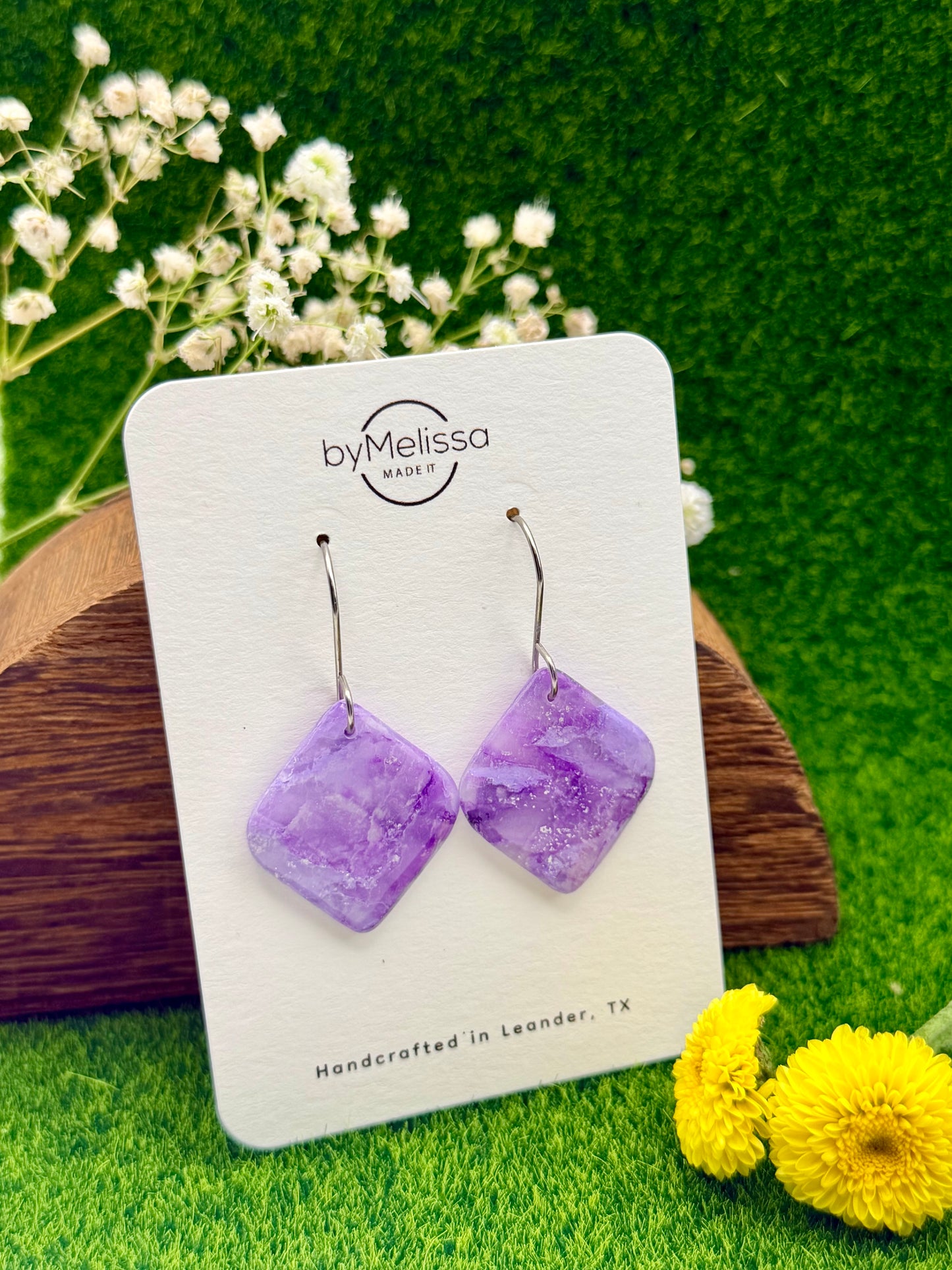 Purple Small Rounded Square Drop Earrings in Silver