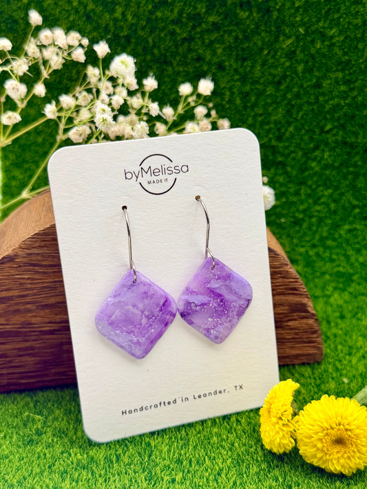 Purple Small Rounded Square Drop Earrings in Silver