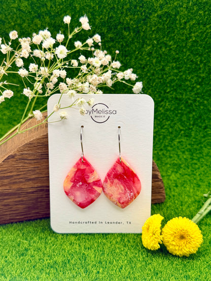 Red and Orange Small Wide Leaf Drop Earrings in Silver