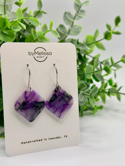 Purple and Black Small Rounded Square Drop Earrings in Silver