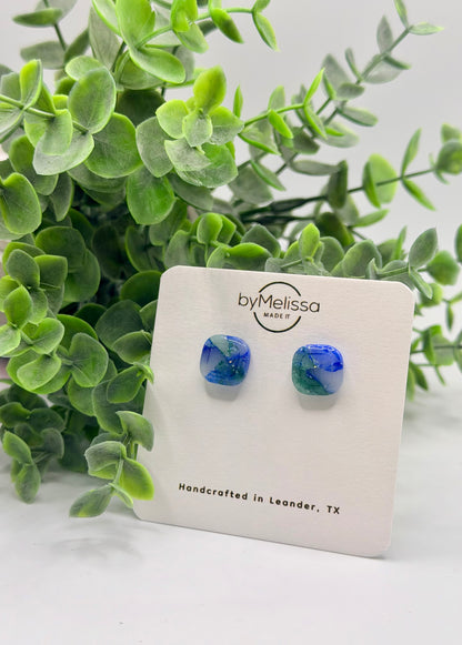 Forest Green and Blue Small Embedded Square Stud Earrings