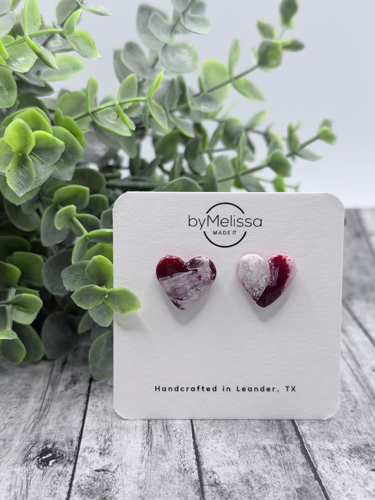 Maroon and White Heart Stud Earrings