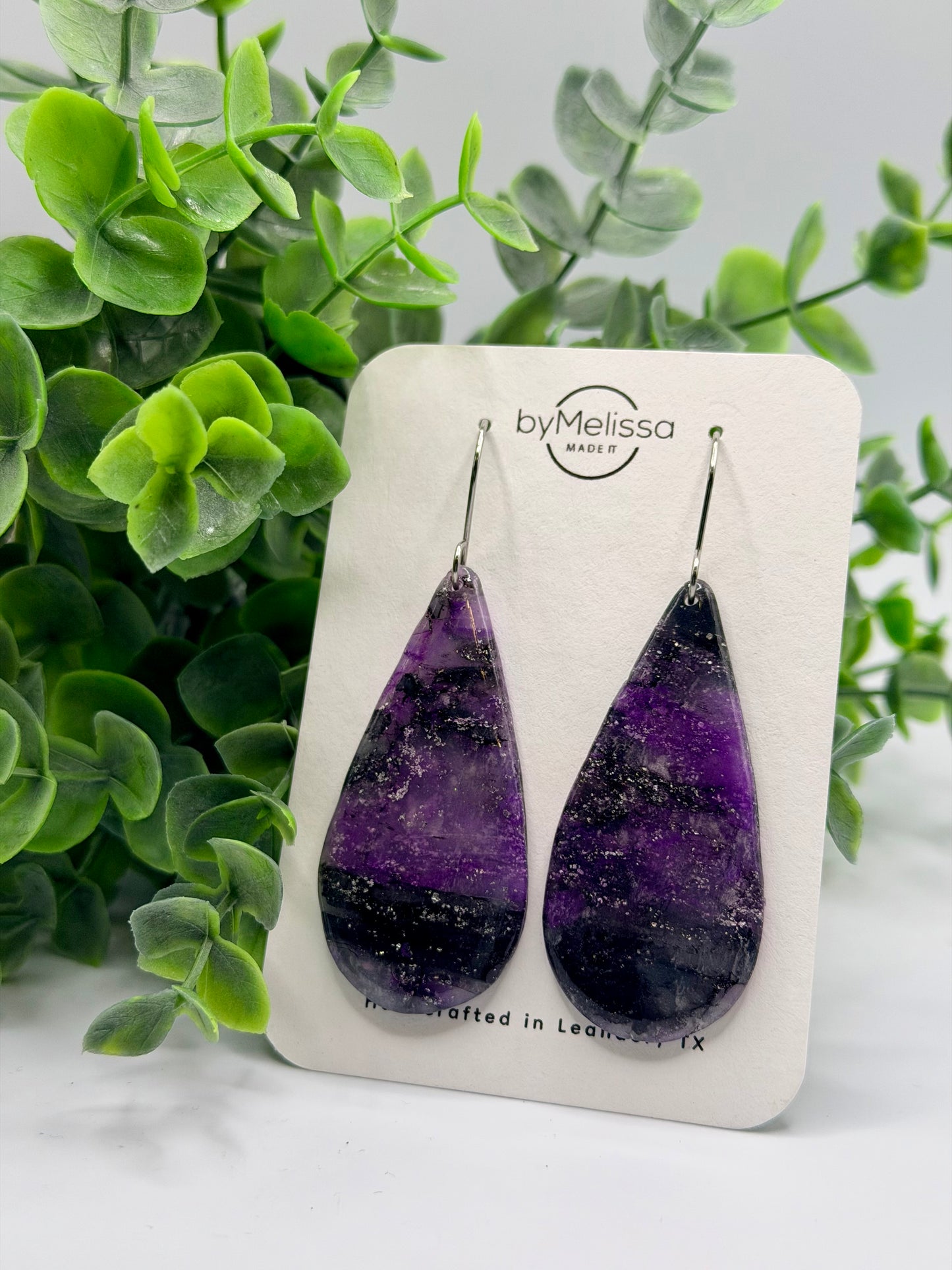 Purple and Black Large Teardrop Drop Earrings in Silver
