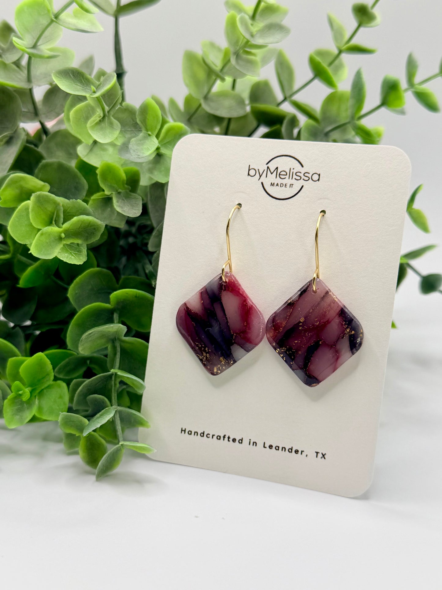 Maroon and Black Rounded Square Drop Earrings in Gold