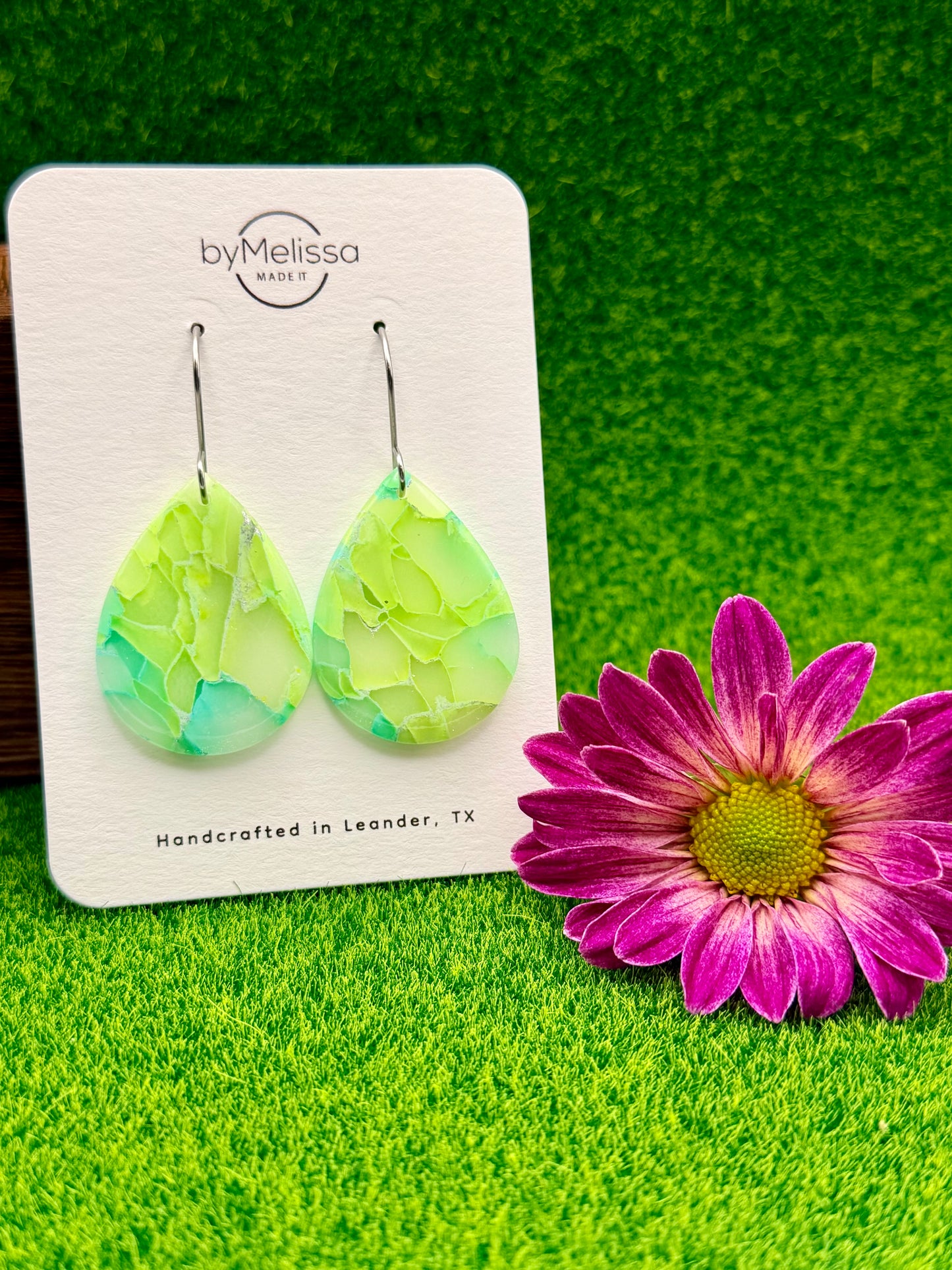 Lime and Turquoise Small Wide Teardrop Drop Earrings in Silver