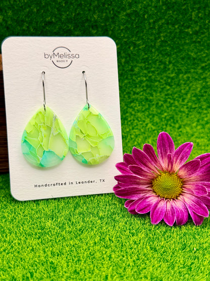 Lime and Turquoise Small Wide Teardrop Drop Earrings in Silver