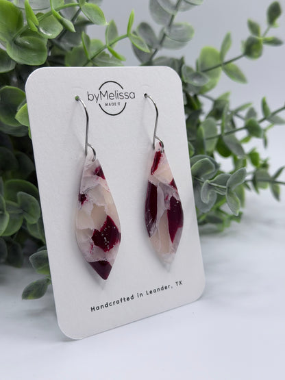 Maroon and White Small Elongated Kite Drop Earrings in Silver