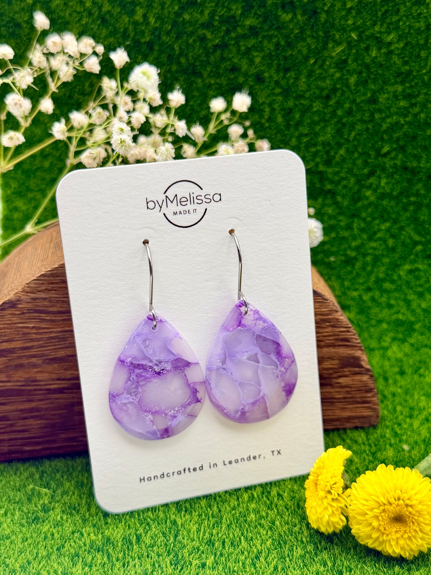 Purple Small Wide Teardrop Drop Earrings in Silver