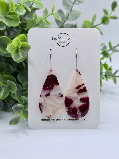 Maroon and White Small Teardrop Drop Earrings in Silver