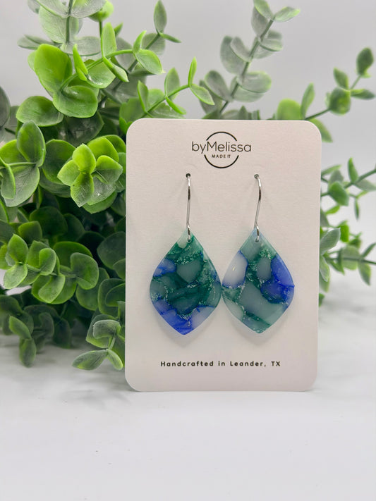 Forest Green and Blue Small Wide Leaf Drop Earrings in Silver