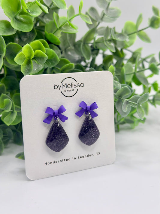 Purple and Black Petite Kite Earrings with Purple Bow Studs