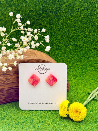 Red and Orange Rounded Square Stud Earrings