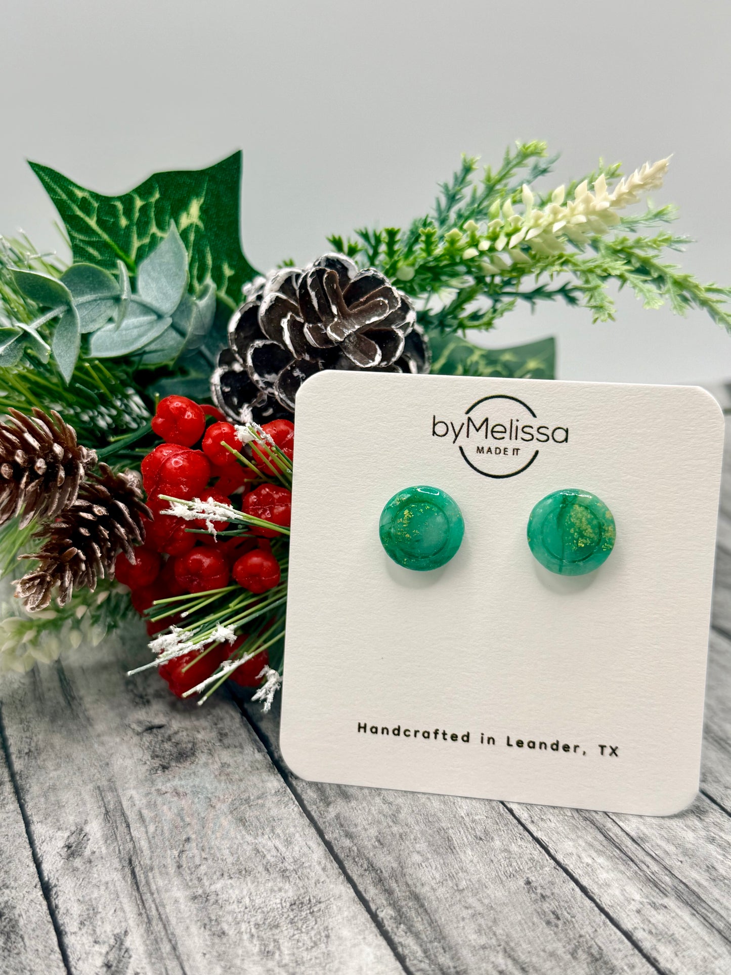 Green and Gold Small Embedded Circle Stud Earrings