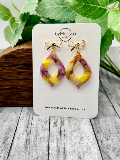 Purple and Gold Flame Drop with Gold Bowknot Studs