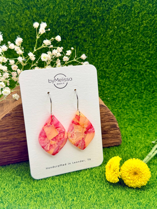 Red and Orange Small Wide Leaf Drop Earrings in Silver