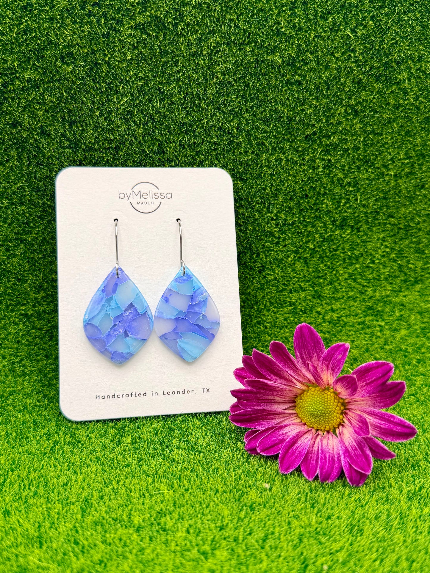 Sky Blue and Periwinkle Small Wide Leaf Drop Earrings in Silver