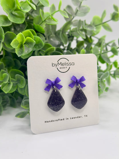 Purple and Black Petite Kite Earrings with Purple Bow Studs