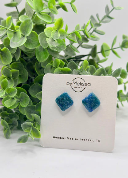 Forest Green and Blue Rounded Square Stud Earrings