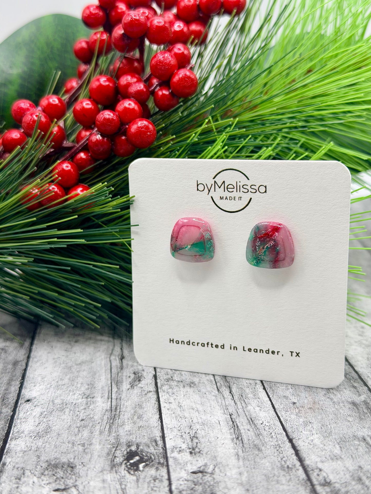 Red and Green Small Embedded Polygon Stud Earrings