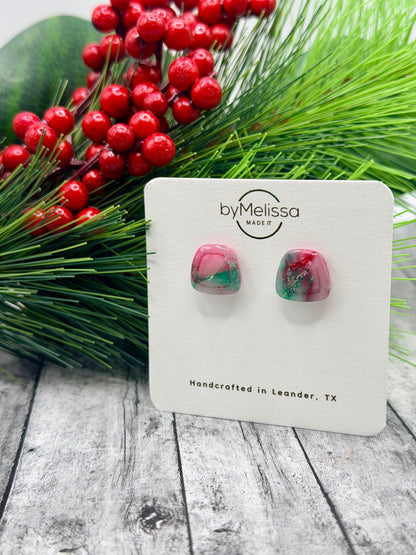 Red and Green Small Embedded Polygon Stud Earrings
