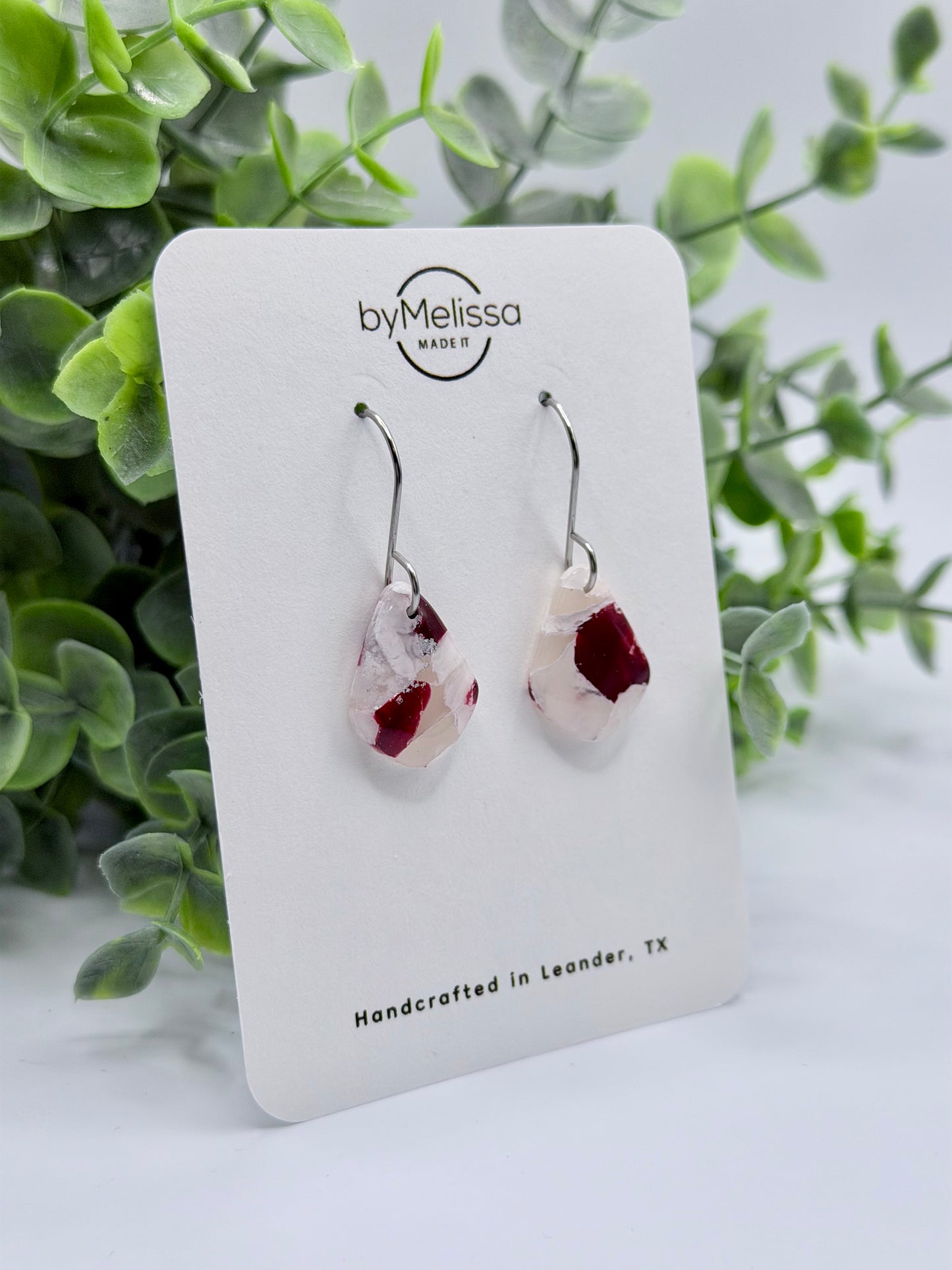 Maroon and White Petite Kite Drop Earrings in Silver