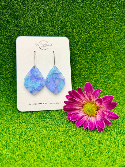 Sky Blue and Periwinkle Small Wide Leaf Drop Earrings in Silver