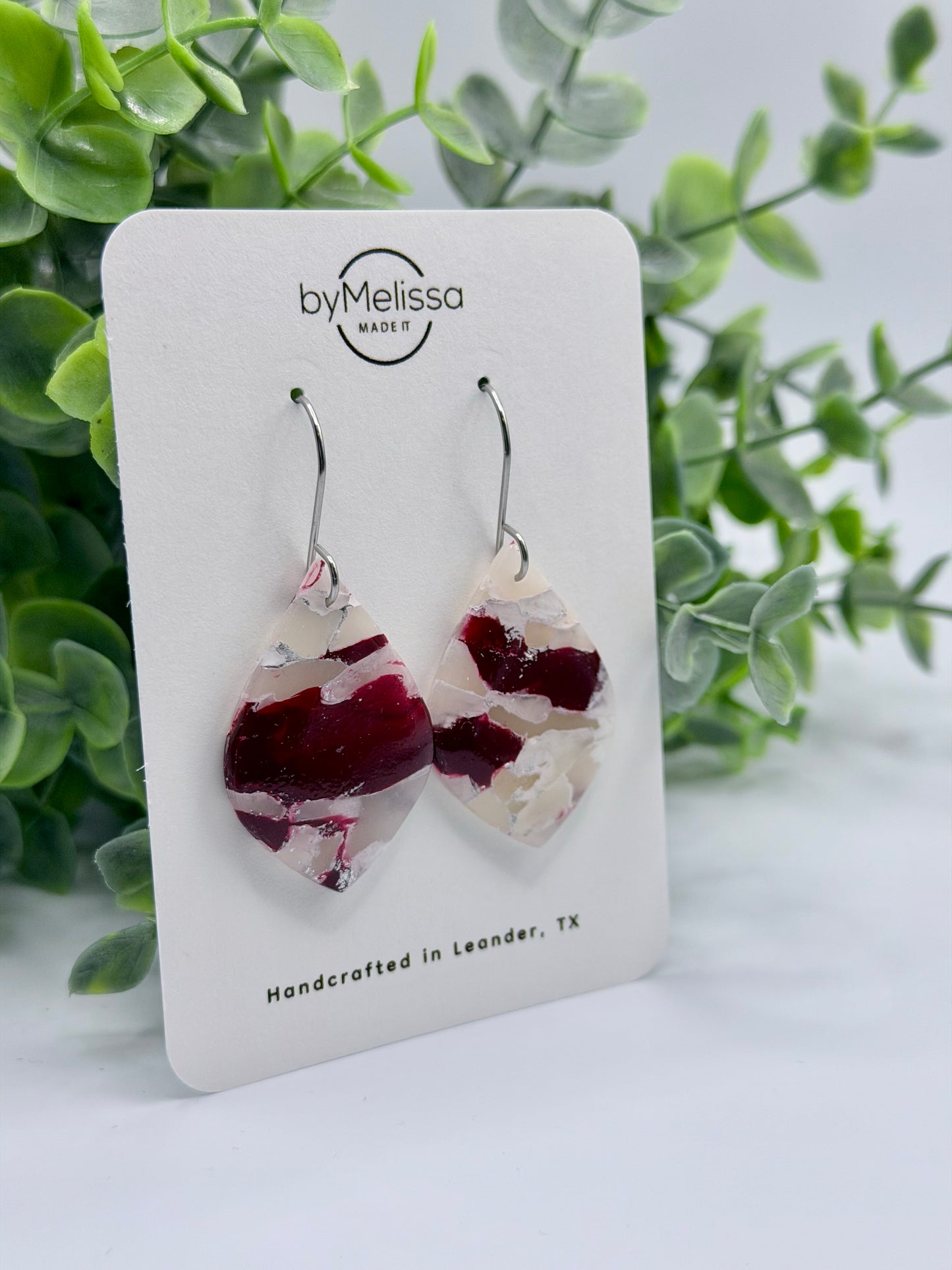 Maroon and White Small Wide Leaf Drop Earrings in Silver