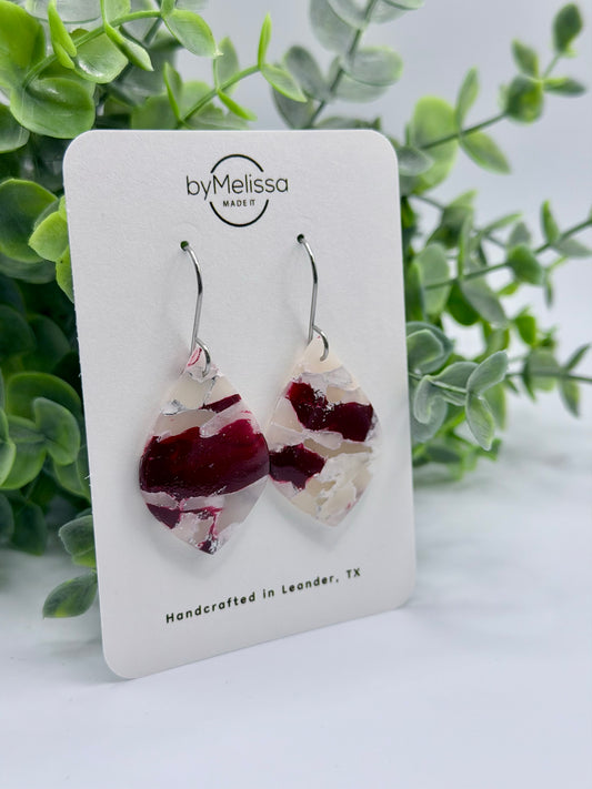 Maroon and White Small Wide Leaf Drop Earrings in Silver