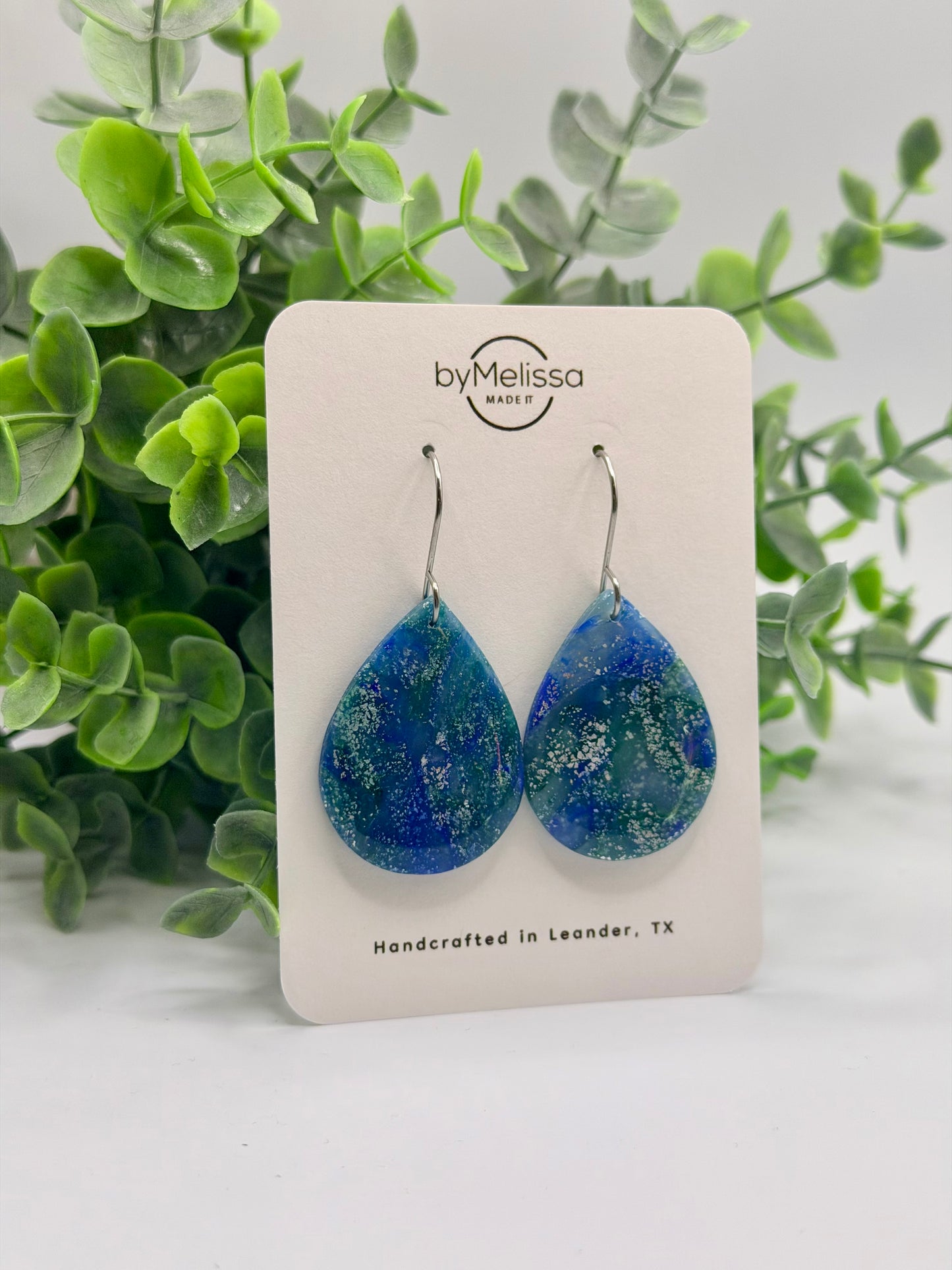 Forest Green and Blue Small Wide Teardrop Drop Earrings in Silver