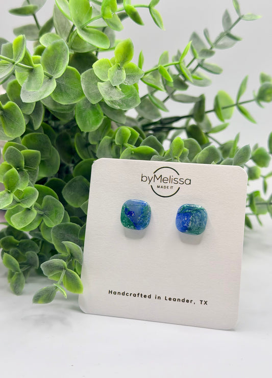 Forest Green and Blue Small Embedded Square Stud Earrings