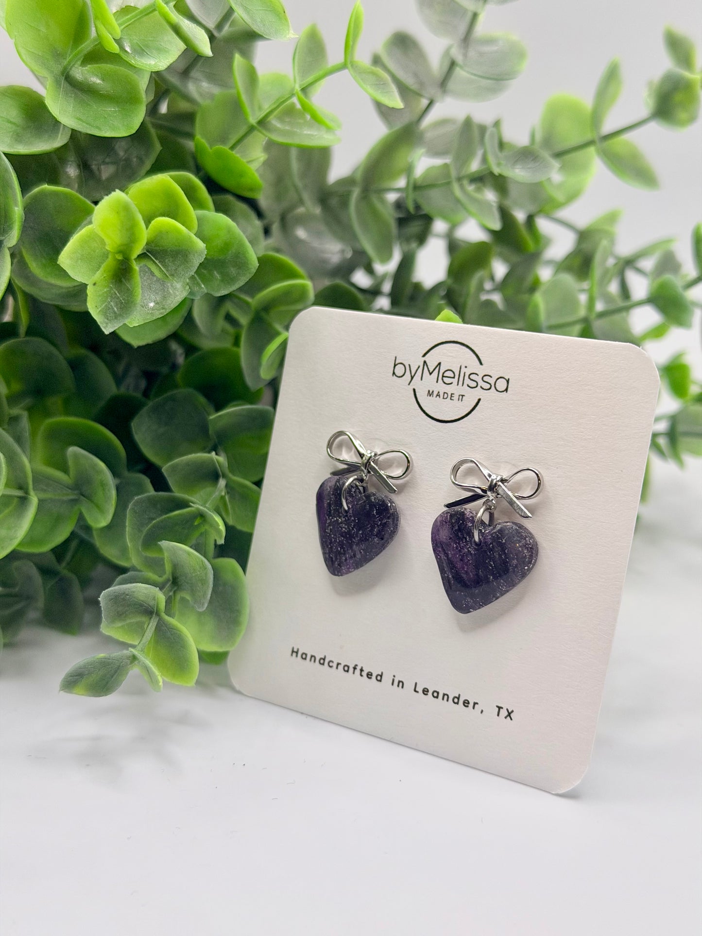 Purple and Black Bowknot Heart Earrings in Silver