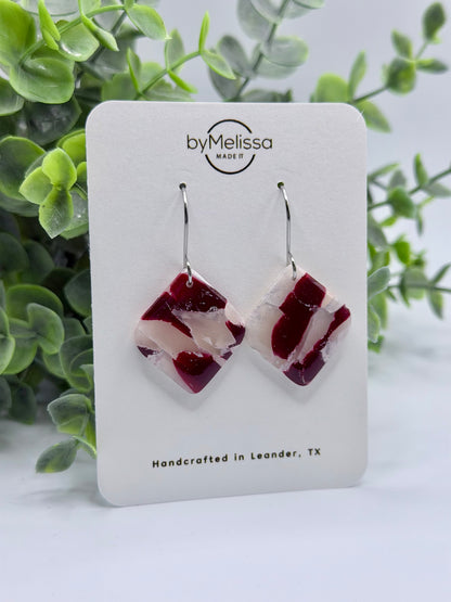 Maroon and White Small Rounded Square Drop Earrings in Silver