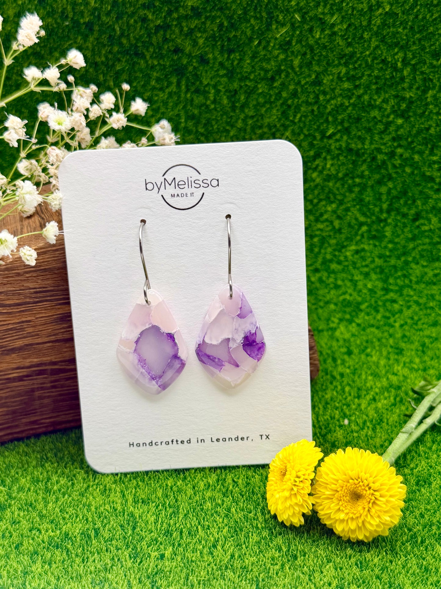Purple and White Small Kite Drop Earrings in Silver