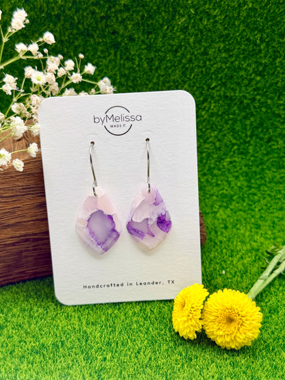 Purple and White Small Kite Drop Earrings in Silver